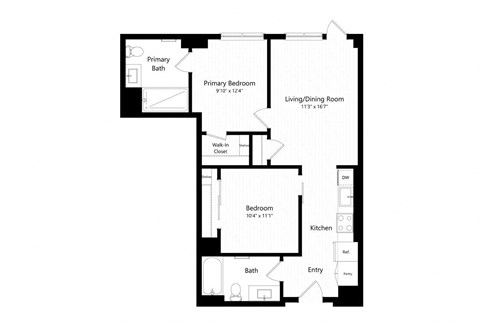 Floor plan for 2 beds, 2 baths, 816 sqft